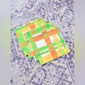 Set of 4, Vintage Cloth Napkins in Bright Green, Orange, Yellow & White plaid